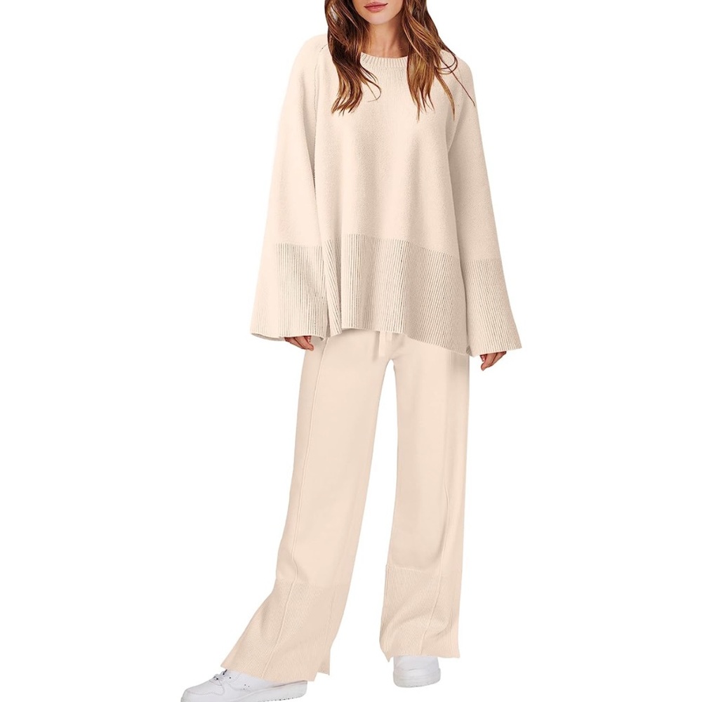 Women’s 2 Piece Oversized Loungewear Knit Pullover and Wide Leg Pants Set